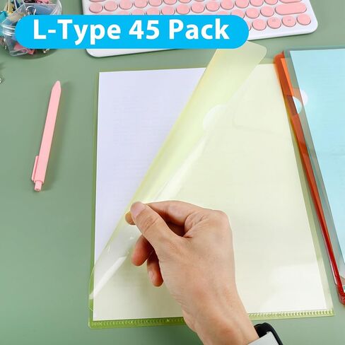 45PCS Clear Document Folders (Multiple Colors) Colored Plastic Project Pockets, Transparent Plastic File Sleeves, L-Type Plastic Folders for Letter Size A4 Paper, School Office Supplies in Kuwait