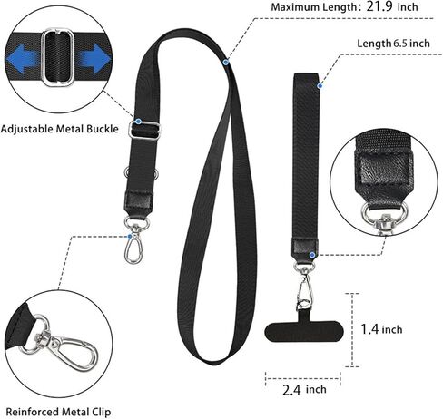 حزمة واحدة من حبل الهاتف - تتضمن 1 حزام رقبة قابل للتعديل، 1 حزام معصم، 2 مشبك هاتف، حبل قصير، حزام هاتف، حبل للهاتف الخلوي، حبل هاتف حول الجسم، حبل هاتف Iphone، حزام هاتف مضاد للسرقة (أسود) in Kuwait