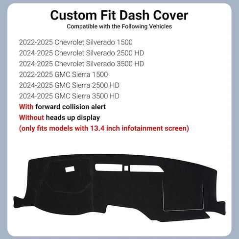 Dash Cover for Chevrolet Silverado/GMC Sierra 1500/2500 HD/3500 HD, 2022–2025, with Forward Collision Alert, Without Heads-Up Display, Fits 13.4" Screen, Black in Saudi Arabia