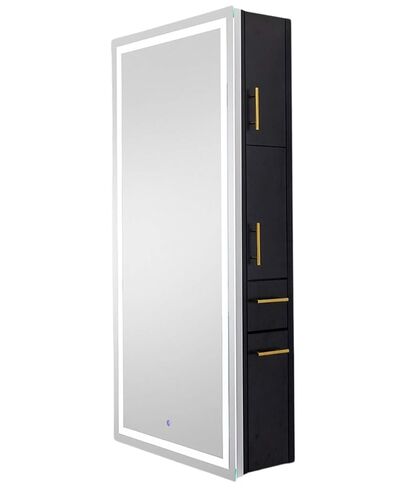 Pibbs 9110 Lumina LED Salon Mirror & Storage Server - Full-Length Wall-Mounted Mirror with Dimmable LED Light, Gold Metal Handles, French Cleat Mount System, Black Finish, PIB-9110-SER-GOLD in Saudi Arabia