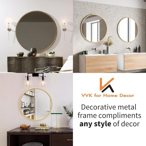 مرآة دائرية كبيرة من VVK - مرآة زينة حديثة مقاس 27.6 بوصة إطار معدني مصقول برونزي عائم لوحة زجاجية مستديرة للجدار وغرفة النوم والحمام وغرفة المعيشة والمطبخ والمدخل (ذهبي) in Kuwait