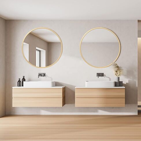 مرآة دائرية كبيرة من VVK - مرآة زينة حديثة مقاس 27.6 بوصة إطار معدني مصقول برونزي عائم لوحة زجاجية مستديرة للجدار وغرفة النوم والحمام وغرفة المعيشة والمطبخ والمدخل (ذهبي) in Kuwait