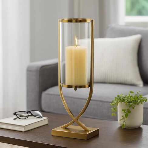 Contemporary Metal and Glass Hurricane Candle Holder - Decorative Pillar Candlestick Holder for Table Centerpiece - Elegant Home Decor Accents for Any Special Occasion Decoration - 23" Gold in Kuwait