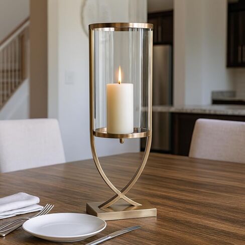 Contemporary Metal and Glass Hurricane Candle Holder - Decorative Pillar Candlestick Holder for Table Centerpiece - Elegant Home Decor Accents for Any Special Occasion Decoration - 23" Gold in Kuwait