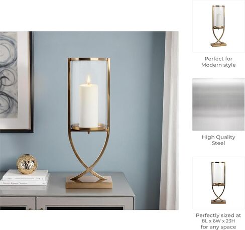 Contemporary Metal and Glass Hurricane Candle Holder - Decorative Pillar Candlestick Holder for Table Centerpiece - Elegant Home Decor Accents for Any Special Occasion Decoration - 23" Gold in Kuwait