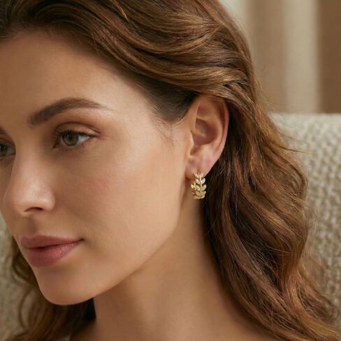 14K الذهب ليف أقراط 20 مللي متر فرع الزيتون الكرمة Huggie هوب أقراط الطبيعة النباتية مجوهرات هدية للنساء in Kuwait