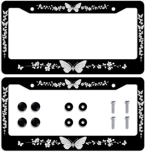 الزهور إطار لوحة الترخيص فراشة الإطار الأزهار أسود أبيض تصميم تخصيص لوحات السيارات المعدنية مضحك إطارات لوحة الترخيص الزخرفية للرجال النساء 12.2 "× 6.2" in Kuwait