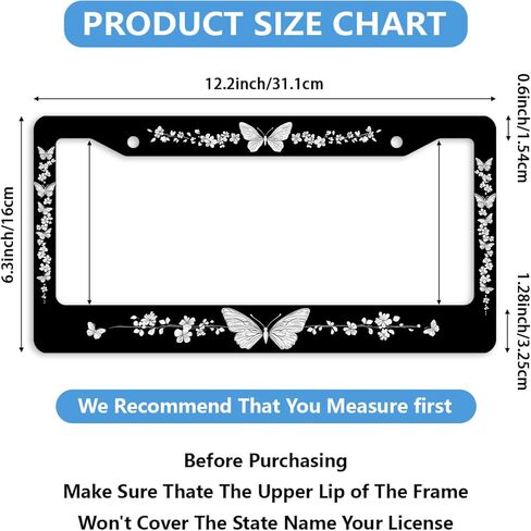 الزهور إطار لوحة الترخيص فراشة الإطار الأزهار أسود أبيض تصميم تخصيص لوحات السيارات المعدنية مضحك إطارات لوحة الترخيص الزخرفية للرجال النساء 12.2 "× 6.2" in Kuwait
