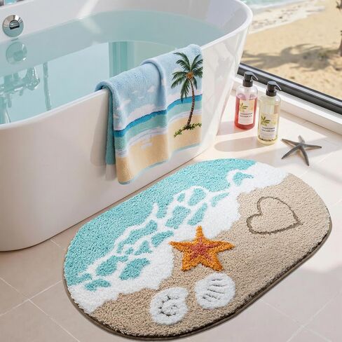 Blue Beach Bathroom Rugs Microfiber Nautical Cute Coastal Bath Mats for Bathroom Floor, Non Slip Quick Dry Absorbent Bath Rugs with Starfish Seashell, Machine Washable, 20"x32" in Saudi Arabia