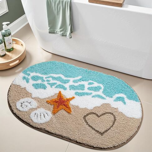 Blue Beach Bathroom Rugs Microfiber Nautical Cute Coastal Bath Mats for Bathroom Floor, Non Slip Quick Dry Absorbent Bath Rugs with Starfish Seashell, Machine Washable, 20"x32" in Saudi Arabia