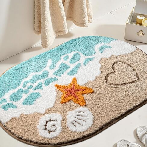 Blue Beach Bathroom Rugs Microfiber Nautical Cute Coastal Bath Mats for Bathroom Floor, Non Slip Quick Dry Absorbent Bath Rugs with Starfish Seashell, Machine Washable, 20"x32" in Saudi Arabia