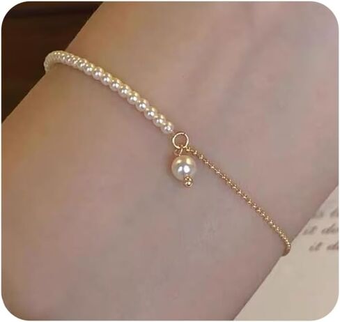 Gold Pearl Beaded Bracelets for Women Dainty Pearls Drop Link Chain Bracelet Adjustable Trendy Wedding Bridesmaid Birthday Party Prom Jewelry in Saudi Arabia