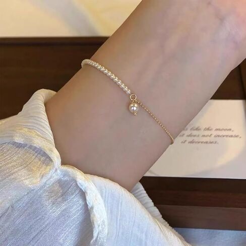 Gold Pearl Beaded Bracelets for Women Dainty Pearls Drop Link Chain Bracelet Adjustable Trendy Wedding Bridesmaid Birthday Party Prom Jewelry in Saudi Arabia
