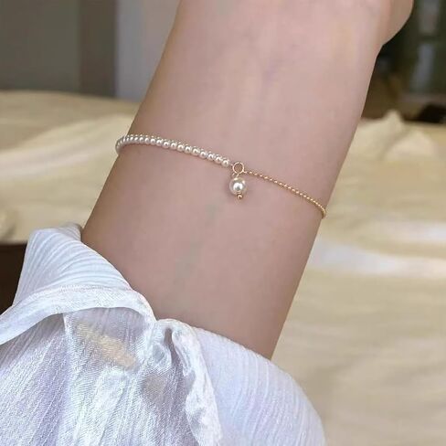 Gold Pearl Beaded Bracelets for Women Dainty Pearls Drop Link Chain Bracelet Adjustable Trendy Wedding Bridesmaid Birthday Party Prom Jewelry in Saudi Arabia