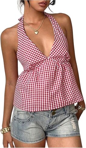 SOLY HUX Women's Gingham Top Plaid Babydoll Tops Checkered Halter V Neck Summer Peplum Cute Tank Top in Saudi Arabia