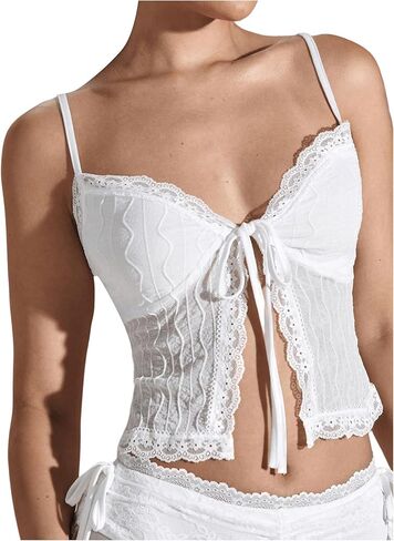 OYOANGLE Women's Lace Cami Tops Sleeveless Tie Front Split Camisole Cute Coquette Crop Top in Saudi Arabia