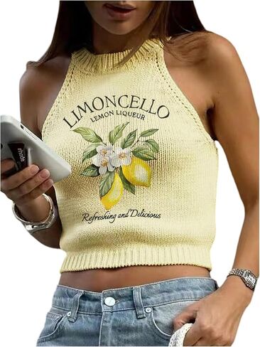 Verdusa Women's Lemon Clothes Summer Sweater Vest Halter Top Sleeveless Knit Crop Tops in Saudi Arabia