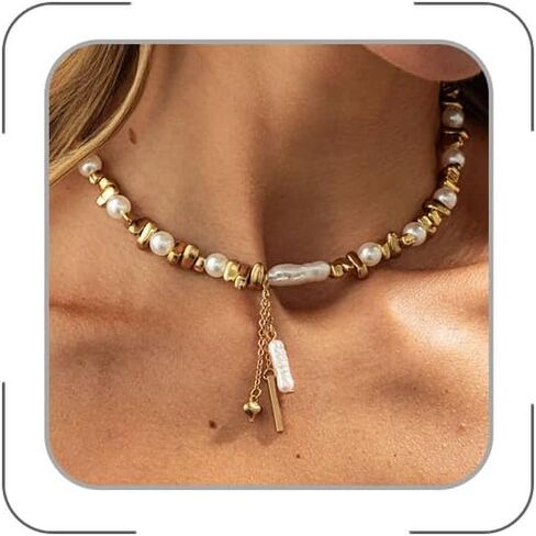 Pearl Choker Necklaces for Women Chunky Gold Beaded Pearl Necklaces Charm Pearls Choker Necklace Vintage Statement Necklace Dainty Y2K Jewelry Boho Prom Jewelry Gift for Women in Saudi Arabia