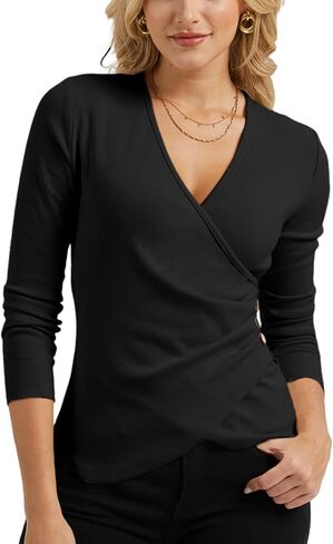 بلوزة ملفوفة بأكمام طويلة للسيدات، بلوزة خريف أنيقة متماسكة مضلعة ورقبة على شكل حرف V، نحيفة وملتفة بشكل متقاطع in Kuwait