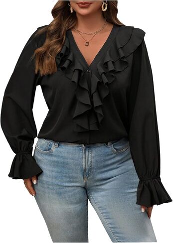 WDIRARA Women's Plus Size Ruffle V Neck Long Sleeve Blouse Dressy Office Top in Saudi Arabia