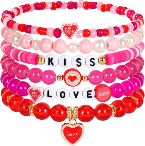 JULMELON Valentine’s Day Bracelets, 6 Pcs Mother's Day Heishi Stretch Bracelets for Women Red Heart Charms Bracelets Friendship Clay Bead Bracelets, Stackable Bracelet Set Mother's Day Party Gifts in Kuwait