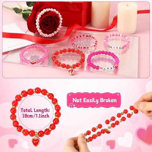 JULMELON Valentine’s Day Bracelets, 6 Pcs Mother's Day Heishi Stretch Bracelets for Women Red Heart Charms Bracelets Friendship Clay Bead Bracelets, Stackable Bracelet Set Mother's Day Party Gifts in Kuwait