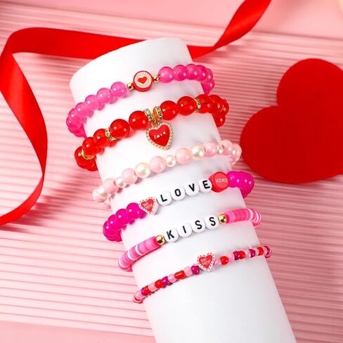 JULMELON Valentine’s Day Bracelets, 6 Pcs Mother's Day Heishi Stretch Bracelets for Women Red Heart Charms Bracelets Friendship Clay Bead Bracelets, Stackable Bracelet Set Mother's Day Party Gifts in Kuwait