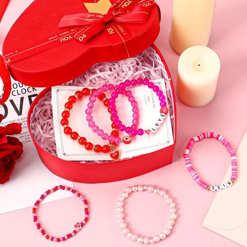 JULMELON Valentine’s Day Bracelets, 6 Pcs Mother's Day Heishi Stretch Bracelets for Women Red Heart Charms Bracelets Friendship Clay Bead Bracelets, Stackable Bracelet Set Mother's Day Party Gifts in Kuwait
