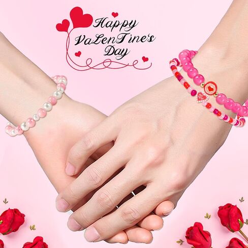 JULMELON Valentine’s Day Bracelets, 6 Pcs Mother's Day Heishi Stretch Bracelets for Women Red Heart Charms Bracelets Friendship Clay Bead Bracelets, Stackable Bracelet Set Mother's Day Party Gifts in Kuwait