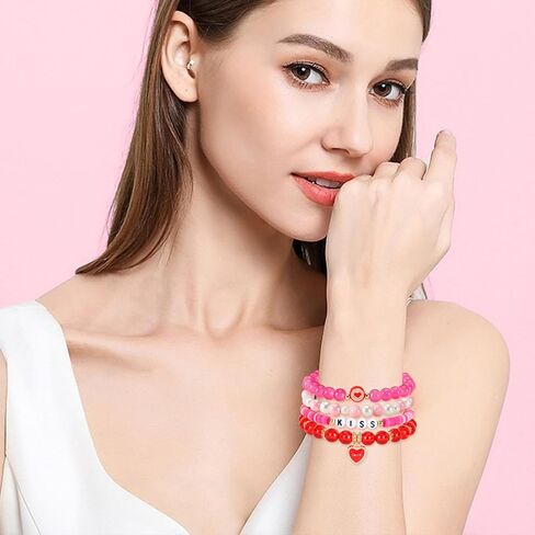 JULMELON Valentine’s Day Bracelets, 6 Pcs Mother's Day Heishi Stretch Bracelets for Women Red Heart Charms Bracelets Friendship Clay Bead Bracelets, Stackable Bracelet Set Mother's Day Party Gifts in Kuwait