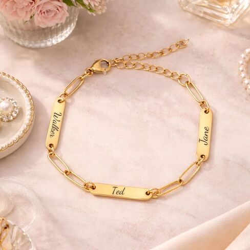 Personalized Name Bracelet for Women, Custom Engraved Stainless Steel Link Bracelet, Adjustable Gold or Silver, Mother Bracelet Gift in Saudi Arabia