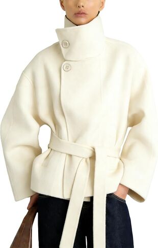 Women Cropped Pea Coat Wool Blend Stand Collar Fall Winter Warm Outfits Casual Elegant Belted Outwear in Saudi Arabia