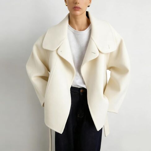 Women Cropped Pea Coat Wool Blend Stand Collar Fall Winter Warm Outfits Casual Elegant Belted Outwear in Saudi Arabia