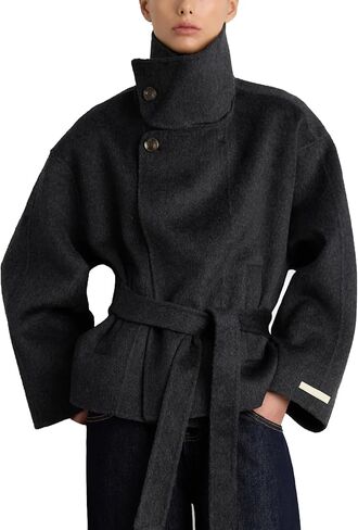 Women Cropped Pea Coat Wool Blend Stand Collar Fall Winter Warm Outfits Casual Elegant Belted Outwear in Saudi Arabia