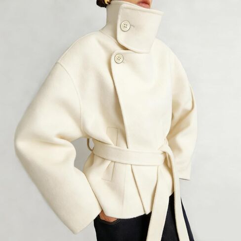 Women Cropped Pea Coat Wool Blend Stand Collar Fall Winter Warm Outfits Casual Elegant Belted Outwear in Saudi Arabia