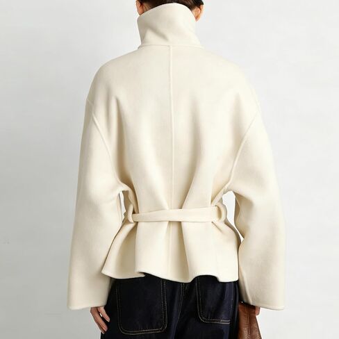 Women Cropped Pea Coat Wool Blend Stand Collar Fall Winter Warm Outfits Casual Elegant Belted Outwear in Saudi Arabia