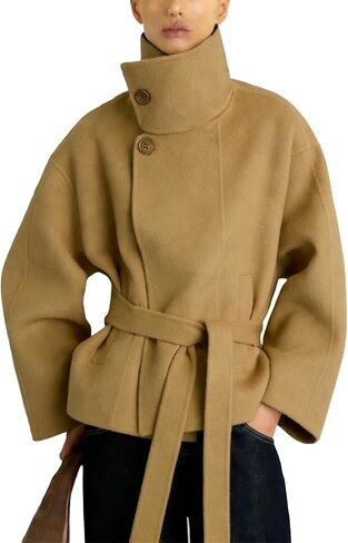 Women Cropped Pea Coat Wool Blend Stand Collar Fall Winter Warm Outfits Casual Elegant Belted Outwear in Saudi Arabia