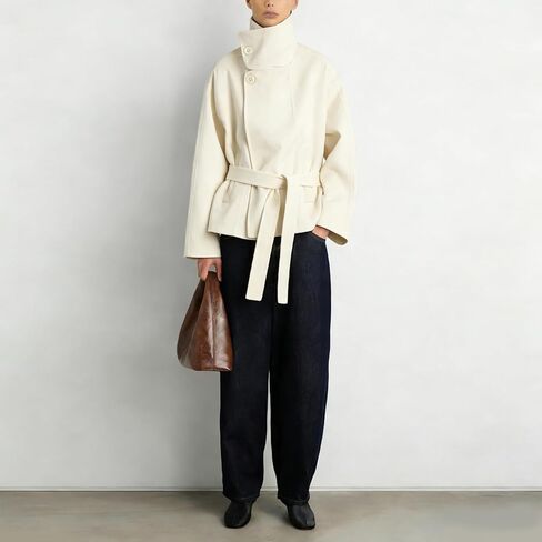 Women Cropped Pea Coat Wool Blend Stand Collar Fall Winter Warm Outfits Casual Elegant Belted Outwear in Saudi Arabia