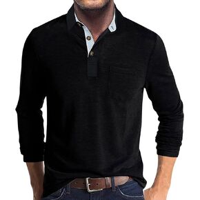 Men's Casual Polo Shirts Long Sleeve Athletic Button T Shirts Classic Basic Golf Shirt Solid Tops with Pocket in Kuwait