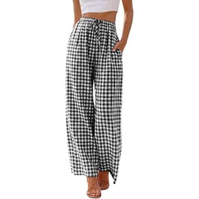 IDEALSANXUN Womens Gingham Pants Spring Summer Elastic Waist Wide Leg Flowy Palazzo Pants in Kuwait
