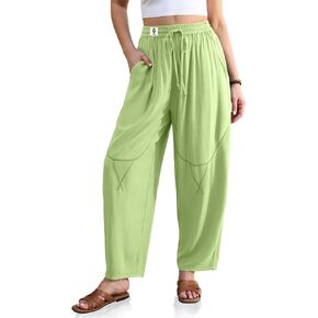 TARSE Womens Linen Harem Pants Wide Leg Barrel Casual Loose Fit Cropped Drawstring Elastic Waist Pants with Pockets in Kuwait