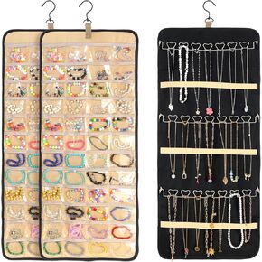 2 حزمة من لفة تخزين منظم المجوهرات المعلقة، مع 96 جيبًا و42 خطافًا للقلادة مقاس 33 بوصة × 14 بوصة وحامل أقراط على الحائط مزدوج الجوانب وحقيبة تخزين كبيرة لسوار العرض لباب الخزانة in Kuwait