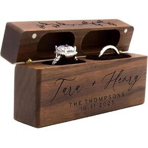 Personalized Wooden Wedding Ring Box. Slim Double Slot Holder for 2 Rings. Custom Wedding Engagement Ring Box. Personalized Walnut Ring Holder For Bride and Groom. Unique Ring Bearer Box (Design 2) in Kuwait