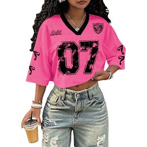 Jersey Shirts for Women Number Print V Neck Mesh Cropped Jersey Y2k Oversized Tshirts Streetwear in Kuwait