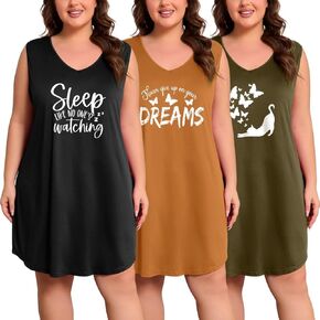 مجموعة من 3 قمصان نوم بمقاس كبير للنساء بدون أكمام ورقبة على شكل حرف V، فستان نوم ناعم مطبوع in Kuwait