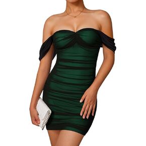 LAGSHIAN Women's Summer Sexy Bodycon Off Shoulder Sleeveless Mesh Ruched Mini Party Dress in Kuwait
