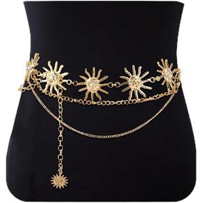 حزام ربط سلسلة خصر معدني للنساء والفتيات، حزام سلسلة عباد الشمس ذهبي متعدد الطبقات قابل للتعديل لفستان الجينز والحفلات الموسيقية الريفية in Kuwait