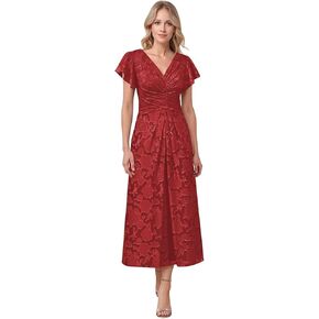 Tea Length Floral Mother of The Bride Dresses Lace Chiffon Short Sleeve V Neck A Line Pleated Formal Evening Dress in Kuwait