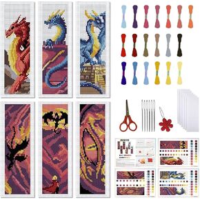 FREEBLOSS 6 Set Cross Stitch Bookmark Stamped Cross Stitch Kit with 6 Different Dragon Patterns Embroidery Kit with Instruction DIY Bookmark Kit for Gift Adults 8''x2.4'' in Kuwait