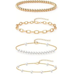 4Pcs Gold Pearl Beaded Bracelet Dainty 14K Gold Plated Stack Adjustable Jewelry Stretch Bead Ball Non Tarnish Trendy Stackable Paperclip Link Chain Trendy Bracelets for Women Fashion Accessories Gifts in Kuwait